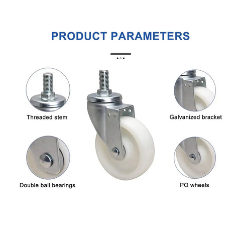 Close-up of heavy duty caster wheels with brake MX threaded stem, swivel casters showing galvanized brackets, PO wheels, and double ball bearings.