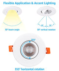 Gimbal 3 Inch LED Recessed Light With Junction Box Swivel Eyeball Downlight Dimmable 90 Plus CRI Canless Ceiling Light showing rotation angles