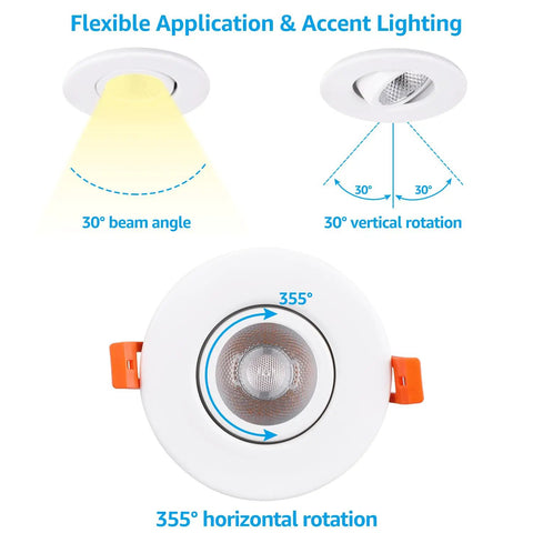 Gimbal 3 Inch LED Recessed Light With Junction Box Swivel Eyeball Downlight Dimmable 90 Plus CRI Canless Ceiling Light showing rotation angles