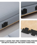 Heavy Duty Sectional Sofa Connectors Set Iron Furniture Joint Snap Brackets black on grey couch close-up