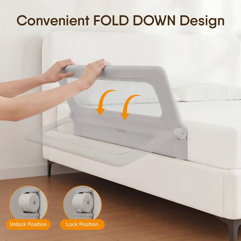 47 Inch Toddler Bed Rail Foldable Baby Guard in use showing fold down design and lock position on bed frame