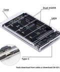 Dual MSATA SSD To USB 3.0 Type C Adapter With JBOD Raid 0 Mode And 2.5 Inch SATA Combo Enclosure showcasing drive slots and Type-C port.