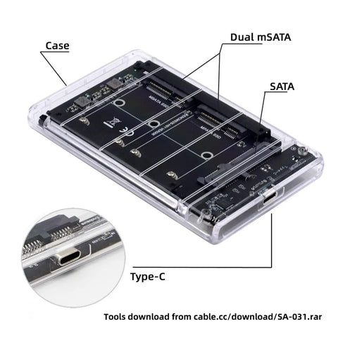 Dual MSATA SSD To USB 3.0 Type C Adapter With JBOD Raid 0 Mode And 2.5 Inch SATA Combo Enclosure showcasing drive slots and Type-C port.
