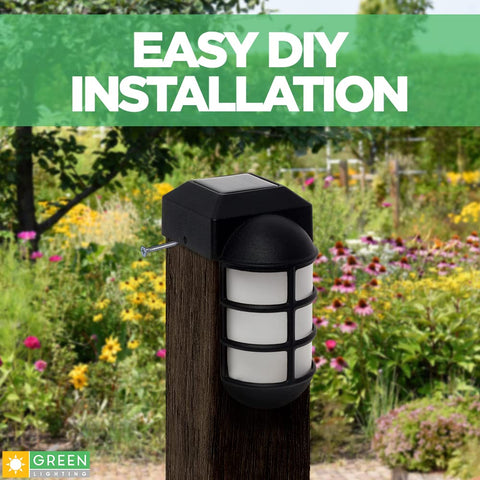 Outdoor black LED solar post cap light on wooden 4x4 post in garden, easy DIY installation, 5 lumen, weatherproof, 12 pack.