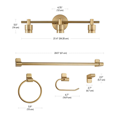 5 Piece Bathroom Accessory Set With 3 Light Vanity Fixture In Matte Brass Finish Open Socket Design Towel Bar Towel Ring Robe Hook And Toilet Paper Holder For A Slick Modern Bath Makeover