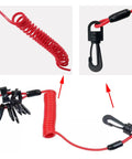 Universal Boat Kill Switch Key Set With Rugged Safety Lanyard Cord Replacement for marine engines, red coiled cord and clip close-up