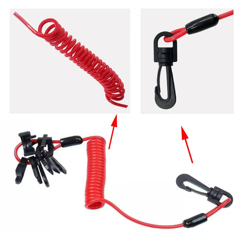Universal Boat Kill Switch Key Set With Rugged Safety Lanyard Cord Replacement for marine engines, red coiled cord and clip close-up