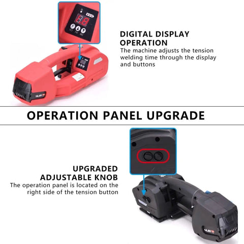 Cordless Electric Strapping Tool with digital display and upgraded adjustable knob for secure pallet wrapping.