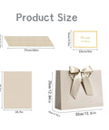 Medium 13 Inch Gift Bag With Handles Champagne Gold Includes Tissue Paper And Card Perfect For Graduation Baby Shower Wedding Fathers Day Mothers Day Birthday Party Gift Wrapping And All Occasion Party Ready Decor product size diagram showing dimensions of gift bag, card, and tissue paper with ribbon detail