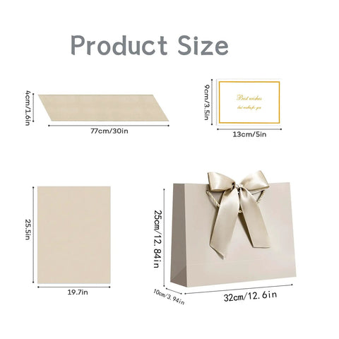 Medium 13 Inch Gift Bag With Handles Champagne Gold Includes Tissue Paper And Card Perfect For Graduation Baby Shower Wedding Fathers Day Mothers Day Birthday Party Gift Wrapping And All Occasion Party Ready Decor product size diagram showing dimensions of gift bag, card, and tissue paper with ribbon detail