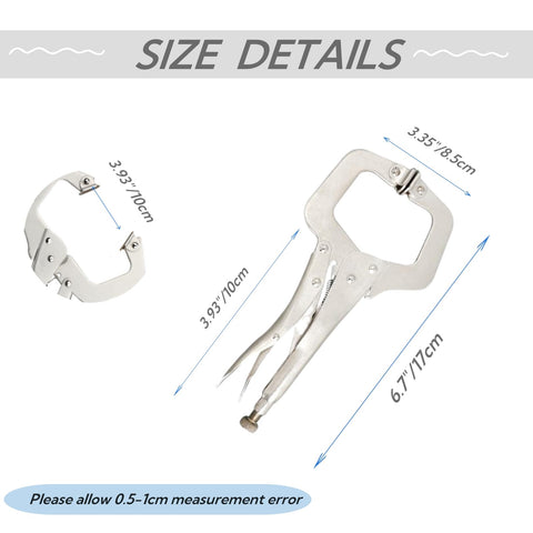 Heavy Duty 6 Inch C Clamp Locking Pliers Set size details with measurements for welding, electrician, woodworking, and home maintenance.