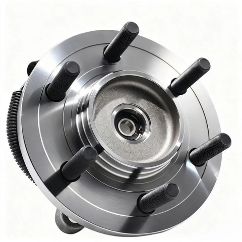 Close-up of front wheel bearing and hub assembly for Ford F150 2018 2019 2020 4WD 6 lug with ABS, low runout, noise reduction
