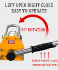 Tough As Nails Permanent Magnetic Lifter With Safety Tilt Release Slide and Ergonomic Non Slip Handle, showing 90° rotation operation and rubber grip.