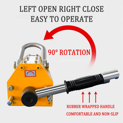 Tough As Nails Permanent Magnetic Lifter With Safety Tilt Release Slide and Ergonomic Non Slip Handle, showing 90° rotation operation and rubber grip.