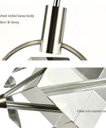 Close-up of Lamparko Small Pendant Light Fixture with Crystal Cube, Brushed Nickel showcasing brushed nickel and clear crystal details.