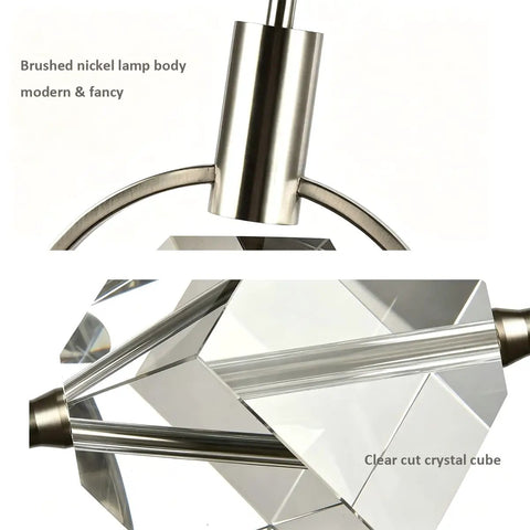 Close-up of Lamparko Small Pendant Light Fixture with Crystal Cube, Brushed Nickel showcasing brushed nickel and clear crystal details.