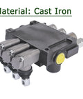 Front view of Timunr 3-spool cast-iron hydraulic directional control valve with SAE ports