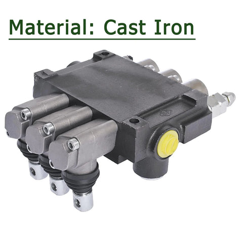 Front view of Timunr 3-spool cast-iron hydraulic directional control valve with SAE ports