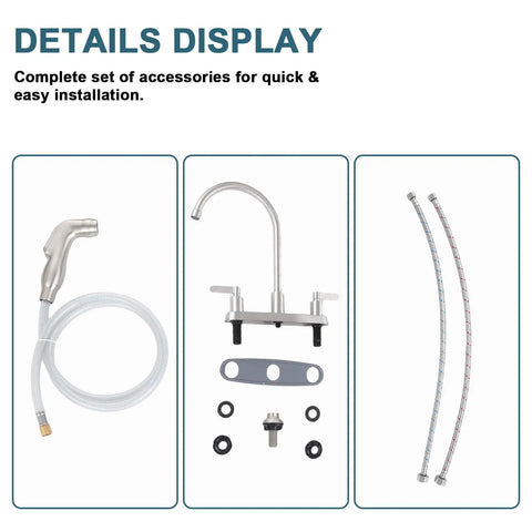 Brushed Nickel Kitchen Faucet With Sprayer, 2-Handle High Arc Sink Faucet, 360 Degree Swivel, 3 Or 4 Hole Install parts display