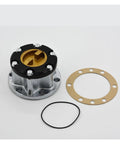 Premium Badass Trail Ready Mechanical Hub Locks Compatible With Suzuki Samurai Sj413 Vitara Jimny Escudo Sierra Alloy 26 Spline Wheel Hub Covers in silver and black with gaskets.