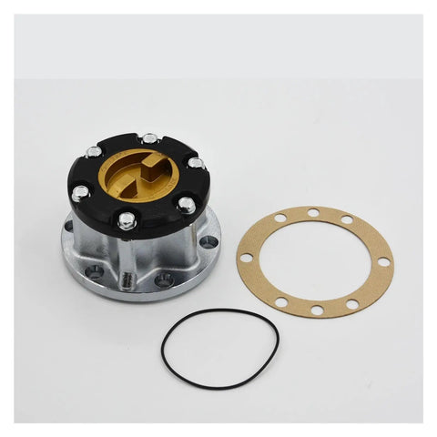 Premium Badass Trail Ready Mechanical Hub Locks Compatible With Suzuki Samurai Sj413 Vitara Jimny Escudo Sierra Alloy 26 Spline Wheel Hub Covers in silver and black with gaskets.