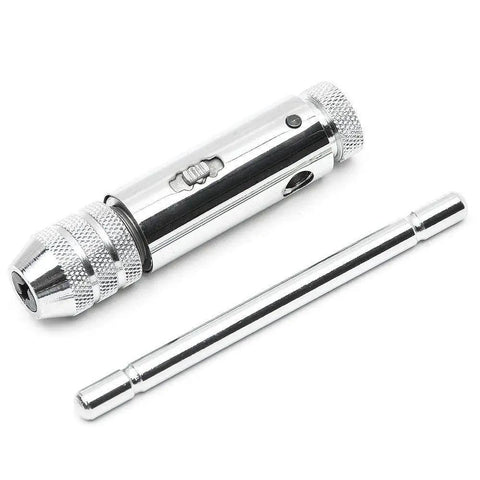 Adjustable Silver T Handle Ratchet Tap Wrench Kit With 5 Pcs M3 To M8 Metric Taps 3Mm To 8Mm Thread Range Chrome Plated Finish 85Mm Length Converts For Left Or Right Hand Use Or Lock For Non Ratcheting