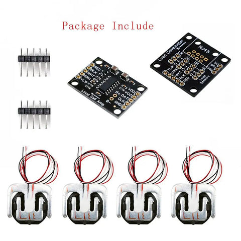 HX711 Load Cell Amplifier Breakout Board With Combiner For Arduino DIY Projects Includes Four 50Kg Load Cells Weight Sensor Conversion Module For Accurate Scale Readings And Easy DIY Weight Measurement. package contents with HX711 board, combiner, headers, and four load cells
