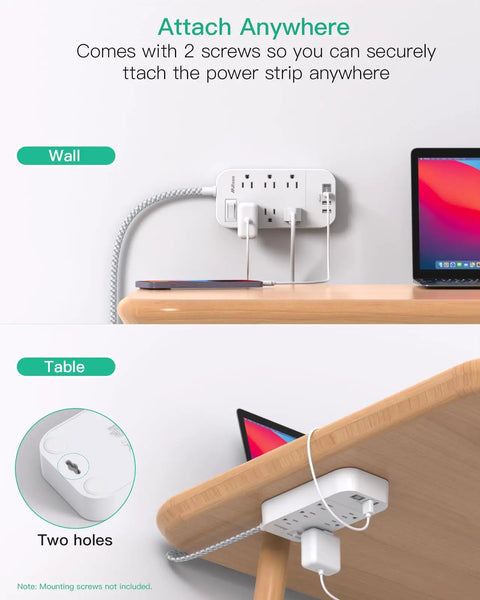 10 Ft Flat Plug Power Strip With 6 Outlets And 2 USB A Ports And 2 USB C Ports Overload Protection attached to wall and desk