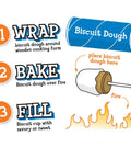 Step-by-step guide showing Marshmallow Roasting Sticks Set Of 2 With Multiple Attachments for baking biscuit dough over fire.