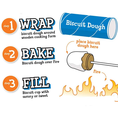 Step-by-step guide showing Marshmallow Roasting Sticks Set Of 2 With Multiple Attachments for baking biscuit dough over fire.
