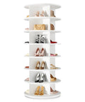 7 Tier Rotating Shoe Rack With 360 Degree Spin, Holds 28-32 Pairs, Lazy Susan Style Shoe Organizer, white, with shoes displayed