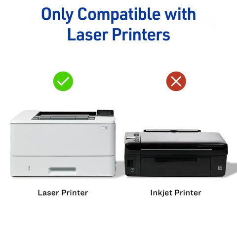 Only compatible with laser printers shown; left white laser printer and right black inkjet printer in comparison.