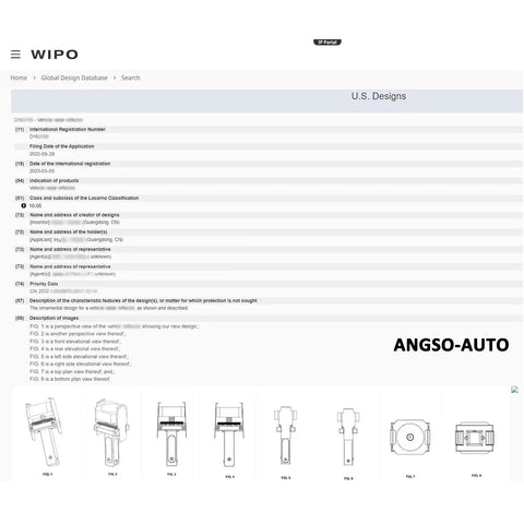 WIPO design page for ACC Positioning Tool for Eyeball Unit and ADAS Calibration Aid, line drawings