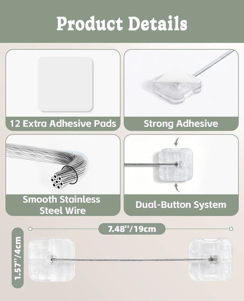 Clear Fridge Lock Set For Baby Proofing with steel wire, dual-button system, 12 adhesive pads, fits 7.48" x 1.57" surfaces