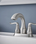 Hamden Spot Resist Brushed Nickel Two Handle 4 Inch Centerset Bathroom Faucet With No Fuss Install Design And Fingerprint Free Finish For A Sleek Modern Bath installed on sink