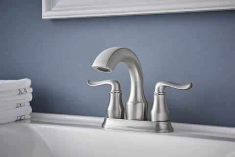 Hamden Spot Resist Brushed Nickel Two Handle 4 Inch Centerset Bathroom Faucet With No Fuss Install Design And Fingerprint Free Finish For A Sleek Modern Bath installed on sink