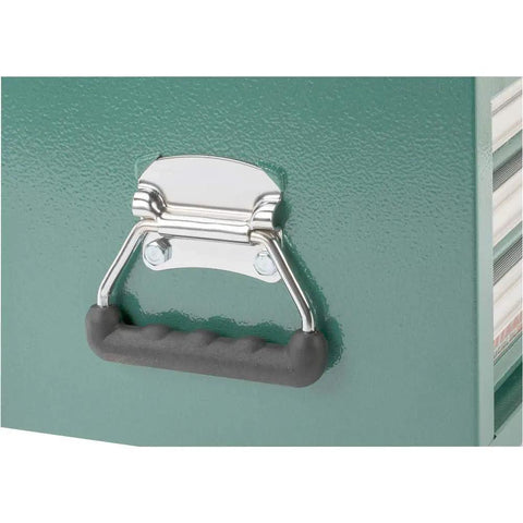 Three Drawer Mid Riser Cabinet With Ball Bearing Slides In Green Powder Coated Finish handle close-up