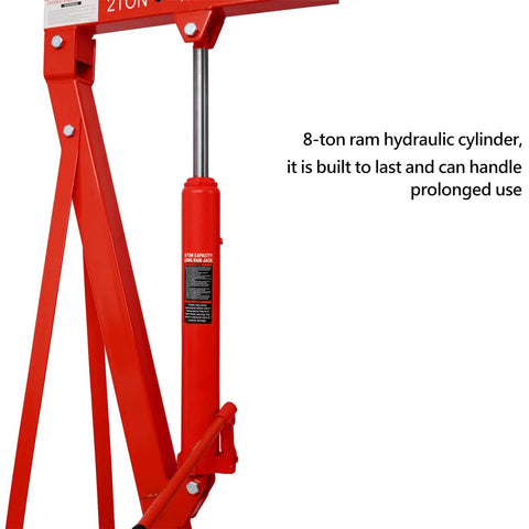 Hella Sturdy Heavy Duty Hydraulic Engine Hoist Crane Two Ton Four Thousand Pounds Capacity Folding Cherry Picker With Six Swivel Casters For Garage Work Red close-up of 8-ton ram hydraulic cylinder in red.