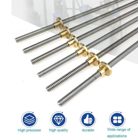Stainless Steel T8 Lead Screw With Brass Nut For 3D Printers, 8Mm Diameter, 2Mm Pitch, visible in various lengths
