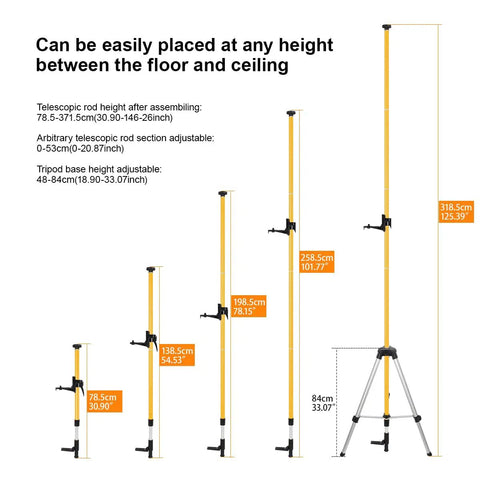 Heavy Duty Laser Level Pole With Adjustable Mount One Quarter Inch By Twenty Inch Telescoping Pole Extending To Twelve Feet Three Point Seven Meters With Five Eighths Inch Eleven Thread Adapter For Rotary And Line Lasers No Tripod Needed image showing height variations
