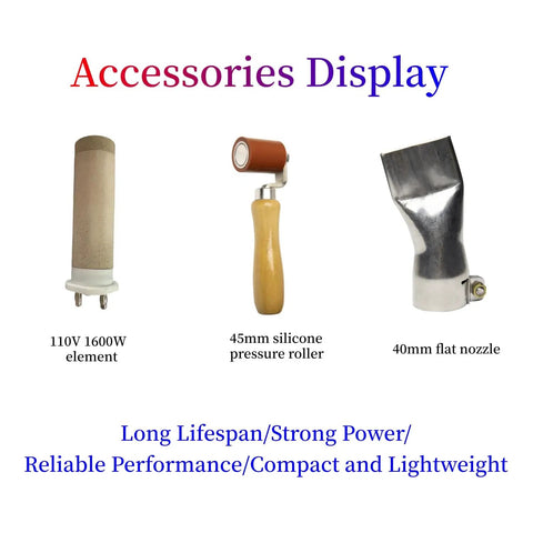 Accessories for Beast 1600W 110V Hot Air Gun Welding Torch, including 1600W element, silicone pressure roller, and flat nozzle.