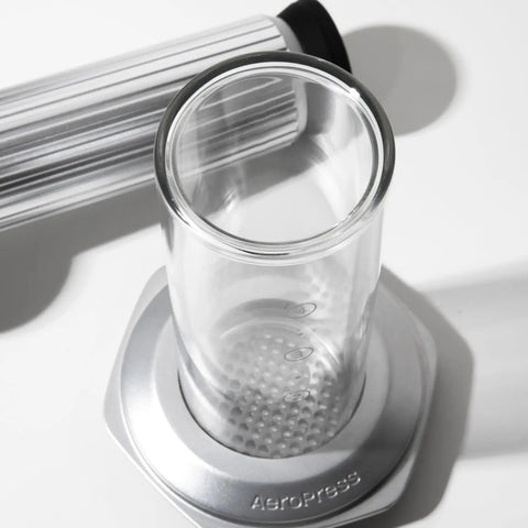 Top view of All In One Coffee Press With Glass Chamber, Stainless Steel And Aluminum Build, French Press Pour Over And Espresso Style Manual Brewer, Silver.