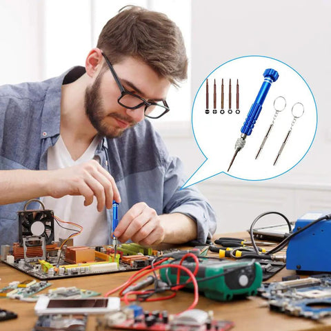 Man using Five In One Pocket Precision Screwdriver Set For Glasses And Electronics With Swivel Head And Non Slip Grip on circuit board