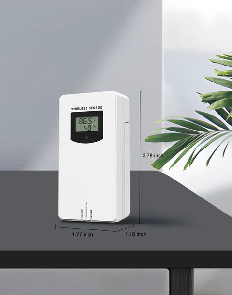 Hassle Free Wireless Remote Sensor Delivers Dead On Indoor Outdoor Temperature And Humidity Readings For Your Weather Station displayed on table.