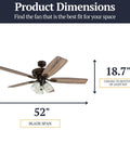 52 Inch Rustic Indoor LED Ceiling Fan With Light Kit, Dope Oil Rubbed Bronze Finish, blade span 52 inches, height 18.7 inches
