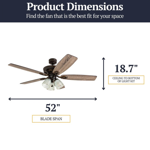 52 Inch Rustic Indoor LED Ceiling Fan With Light Kit, Dope Oil Rubbed Bronze Finish, blade span 52 inches, height 18.7 inches