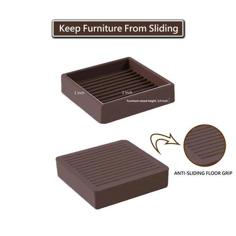 Super Grippy Non Slip Furniture Caster Cups 2x2 Inch Square Floor Protectors, brown rubber with anti-sliding grip.