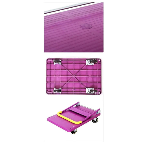 Heavy Duty Foldable Platform Cart With Self Balancing Frame And Glides Like Butter For Sweatless Warehouse Hauling And Driveway Moves Up To Six Hundred Sixty Pound Capacity with purple textured deck.