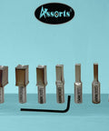 Set of seven high-speed steel punches with MT2 Teng Style Rotary Broach Set for CNC machines, 3-12mm square sizes shown.