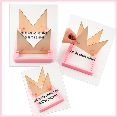 Heavy Duty Stained Glass Angle Jig With Smooth Sliding Bracket And Six Solid Boards For Hassle Free 3D Prism Building And Dead On Copper Foil Soldering Alignment Crafters Really Dig This, showing adjustable cards in pink base.